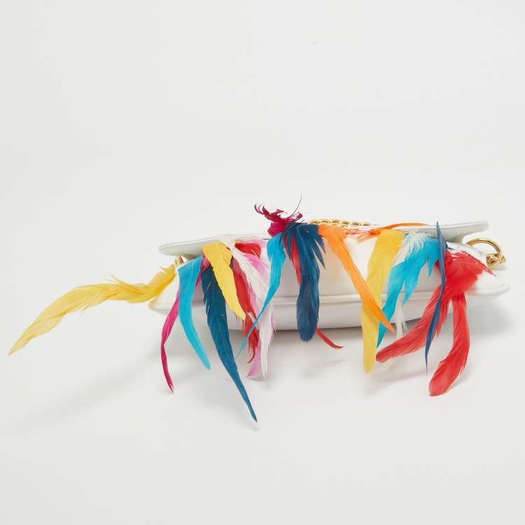 Pre Owned Dolce & Gabbana White/Multicolor Leather and Feather Clutch Bag