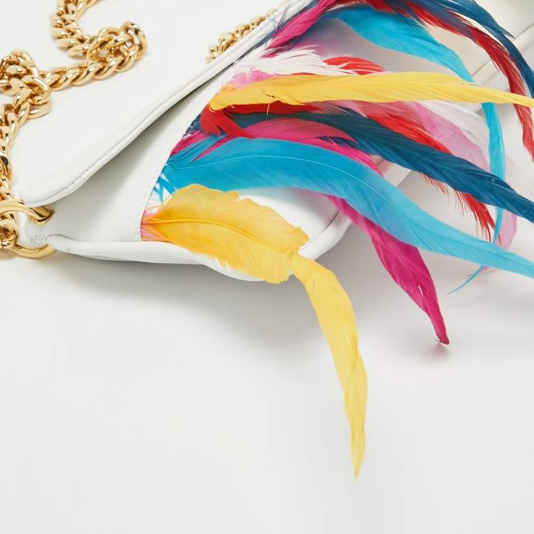 Pre Owned Dolce & Gabbana White/Multicolor Leather and Feather Clutch Bag