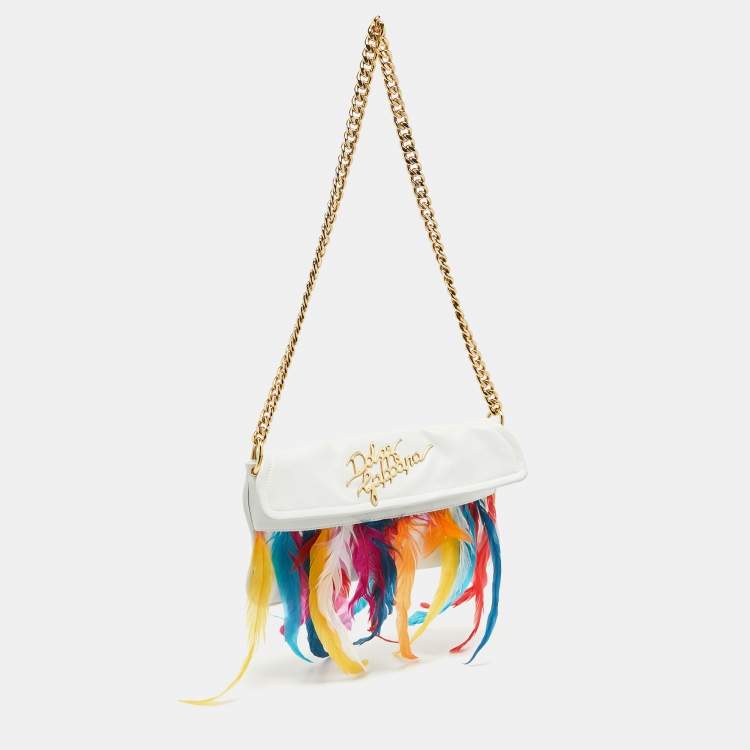 Pre Owned Dolce & Gabbana White/Multicolor Leather and Feather Clutch Bag