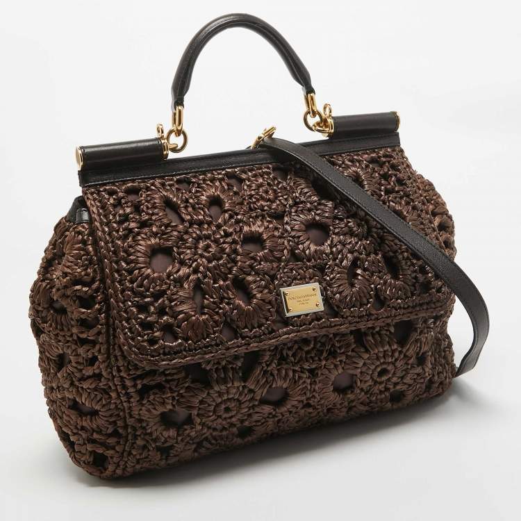مملوكة مسبقًا Dolce & Gabbana Dark Brown Crochet Raffia Large Miss Sicily Top Handle Bag