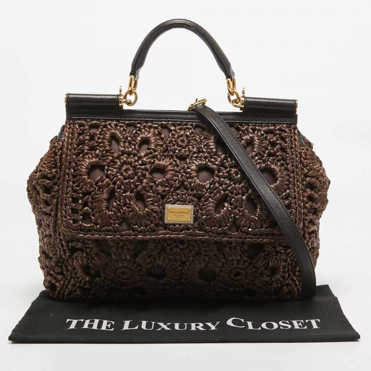 مملوكة مسبقًا Dolce & Gabbana Dark Brown Crochet Raffia Large Miss Sicily Top Handle Bag