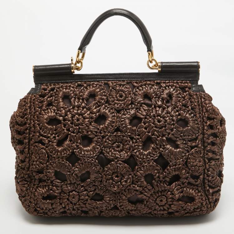 مملوكة مسبقًا Dolce & Gabbana Dark Brown Crochet Raffia Large Miss Sicily Top Handle Bag