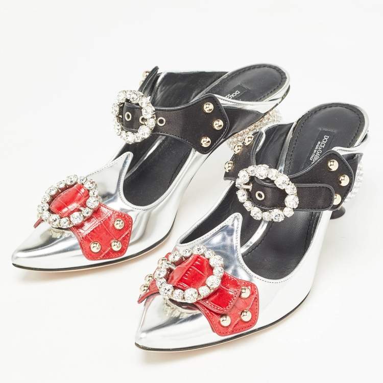Pre Owned Dolce & Gabbana Tricolor Leather Crystal Embellished Buckle Detail Ankle Strap Mules Size 38