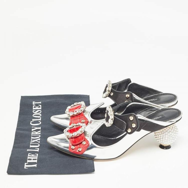 Pre Owned Dolce & Gabbana Tricolor Leather Crystal Embellished Buckle Detail Ankle Strap Mules Size 38