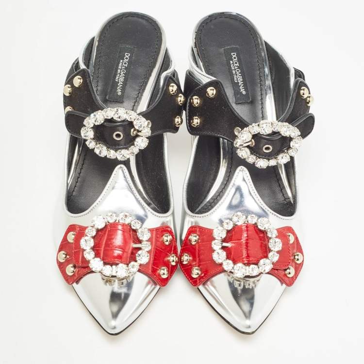 Pre Owned Dolce & Gabbana Tricolor Leather Crystal Embellished Buckle Detail Ankle Strap Mules Size 38