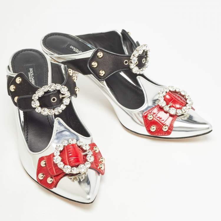 Pre Owned Dolce & Gabbana Tricolor Leather Crystal Embellished Buckle Detail Ankle Strap Mules Size 38