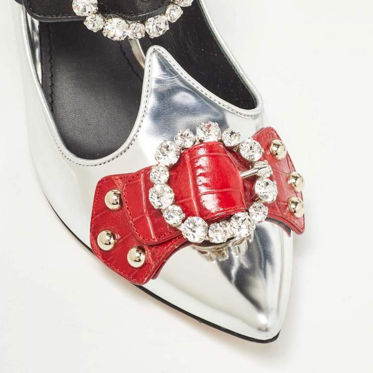 Pre Owned Dolce & Gabbana Tricolor Leather Crystal Embellished Buckle Detail Ankle Strap Mules Size 38