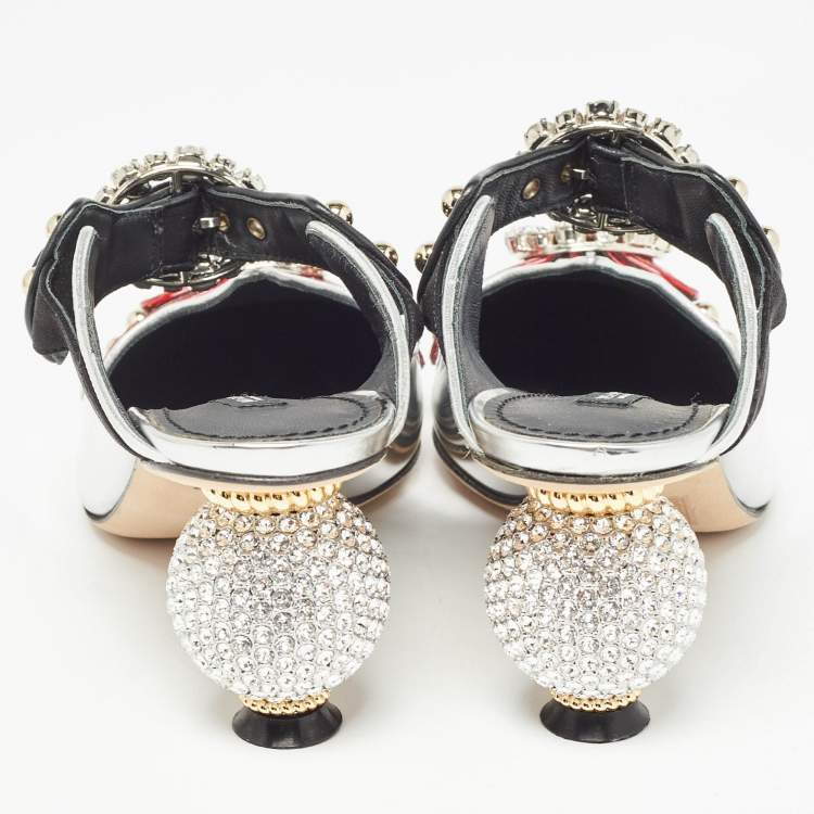 Pre Owned Dolce & Gabbana Tricolor Leather Crystal Embellished Buckle Detail Ankle Strap Mules Size 38