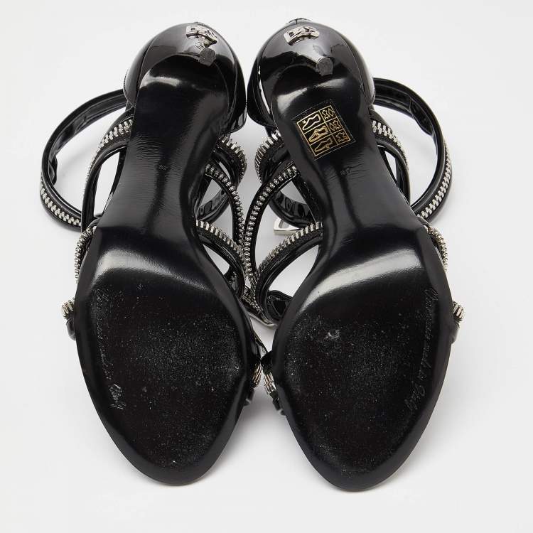 Pre Owned Dolce & Gabbana Black Patent Leather Chain Detail Ankle Strap Sandals Size 37