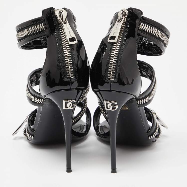 Pre Owned Dolce & Gabbana Black Patent Leather Chain Detail Ankle Strap Sandals Size 37