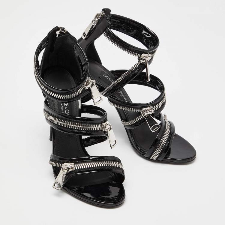 Pre Owned Dolce & Gabbana Black Patent Leather Chain Detail Ankle Strap Sandals Size 37