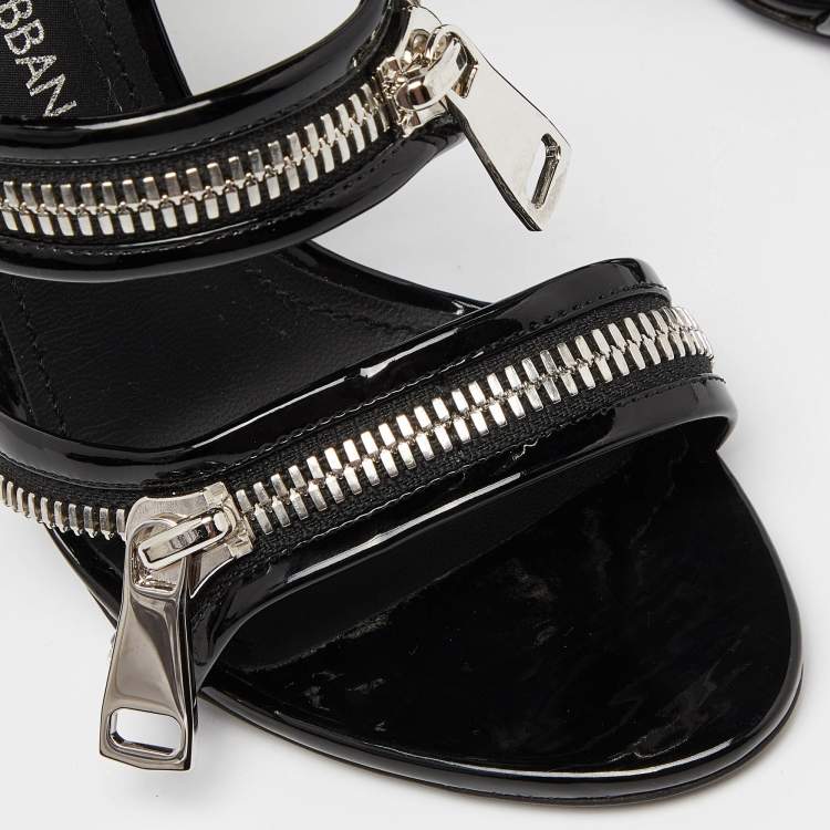 Pre Owned Dolce & Gabbana Black Patent Leather Chain Detail Ankle Strap Sandals Size 37