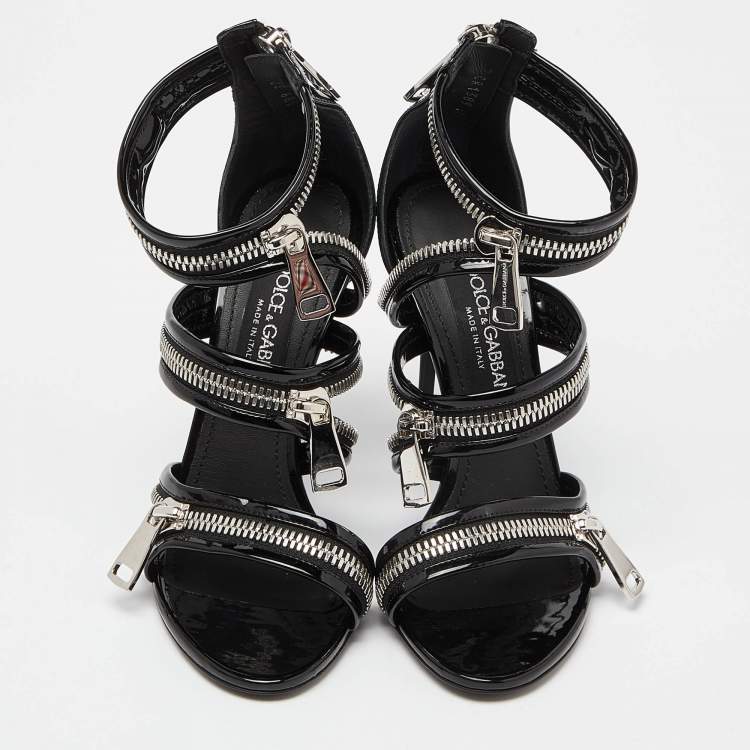 Pre Owned Dolce & Gabbana Black Patent Leather Chain Detail Ankle Strap Sandals Size 37