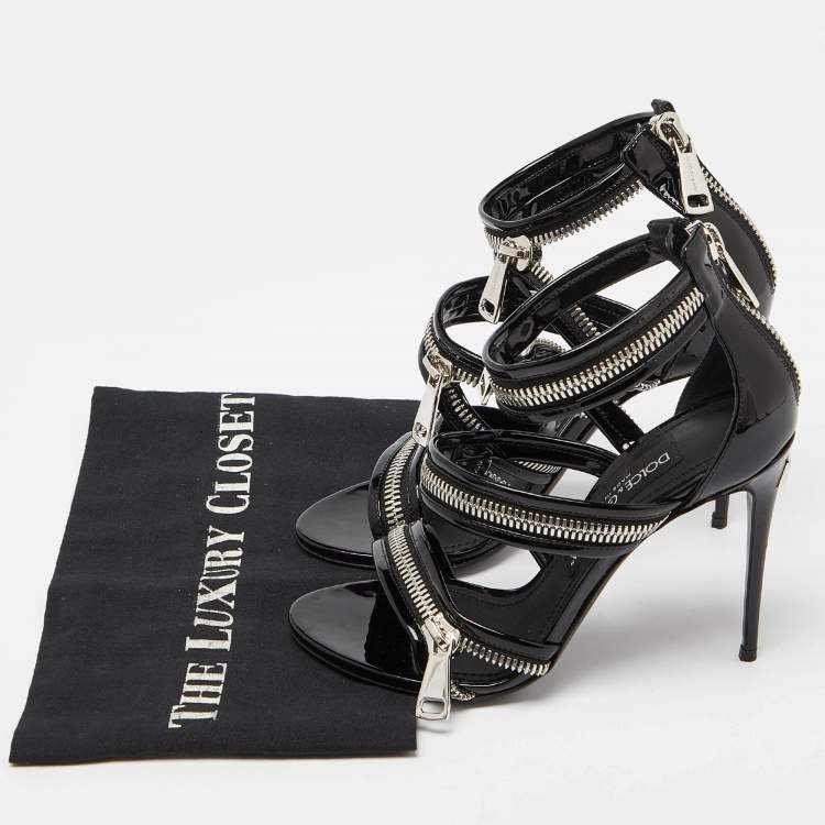 Pre Owned Dolce & Gabbana Black Patent Leather Chain Detail Ankle Strap Sandals Size 37