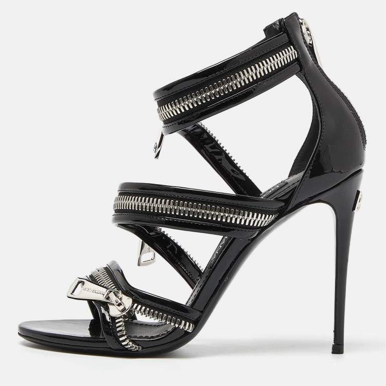 Pre Owned Dolce & Gabbana Black Patent Leather Chain Detail Ankle Strap Sandals Size 37