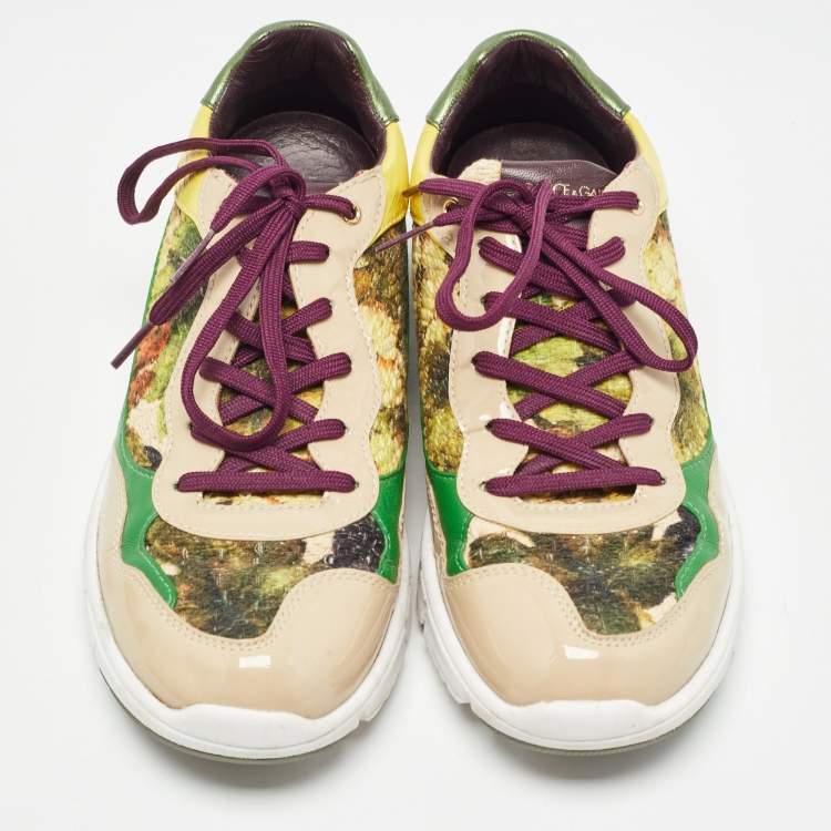 مملوكة مسبقًا Dolce & Gabbana Multicolor Patent Leather And Brocade Lace Up Sneakers Size 38