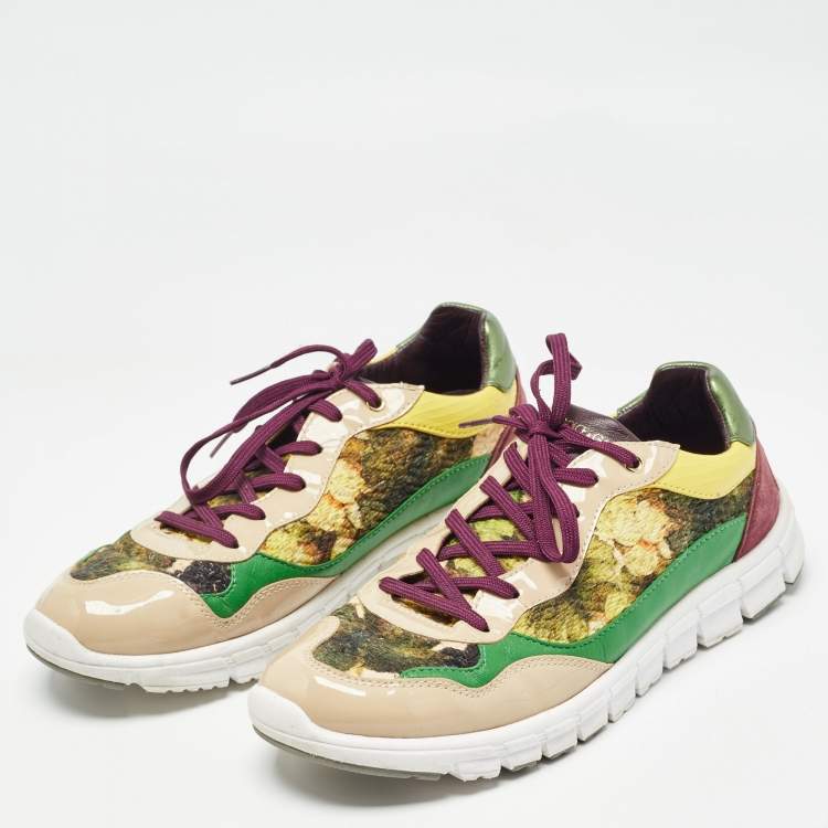 مملوكة مسبقًا Dolce & Gabbana Multicolor Patent Leather And Brocade Lace Up Sneakers Size 38