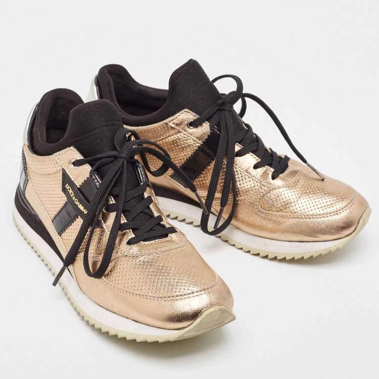 مملوكة مسبقًا Dolce & Gabbana Rose Gold Perforated Leather Low Top Sneakers Size 39