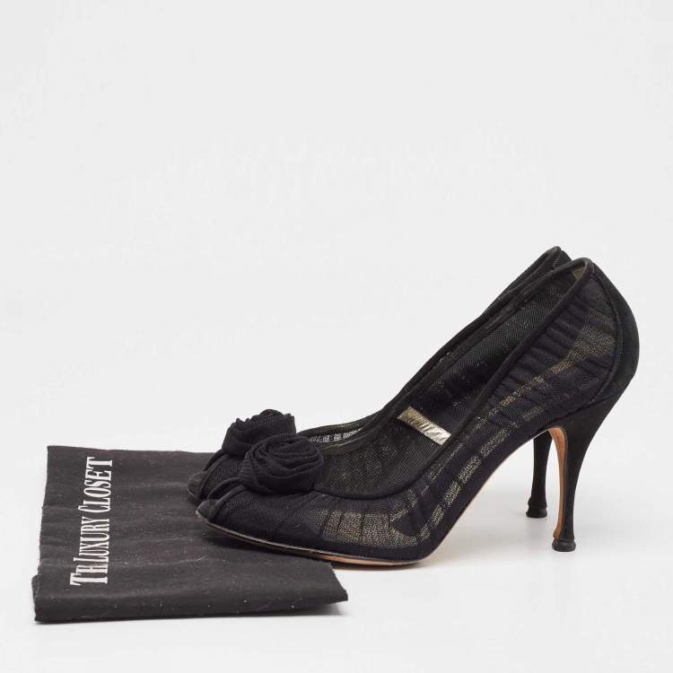 Pre Owned Dolce & Gabbana Black Tulle Fabric Flower Applique Peep Toe Pumps Size 40