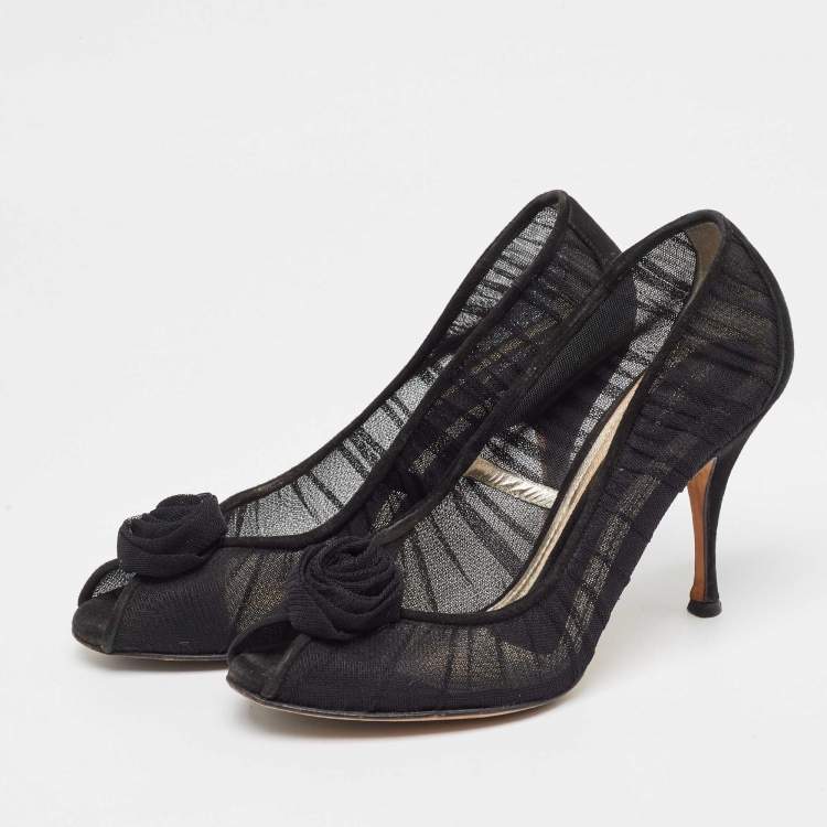 Pre Owned Dolce & Gabbana Black Tulle Fabric Flower Applique Peep Toe Pumps Size 40