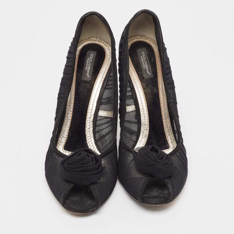 Pre Owned Dolce & Gabbana Black Tulle Fabric Flower Applique Peep Toe Pumps Size 40