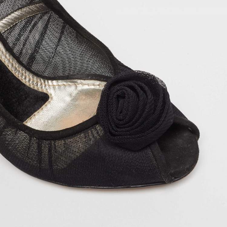 Pre Owned Dolce & Gabbana Black Tulle Fabric Flower Applique Peep Toe Pumps Size 40