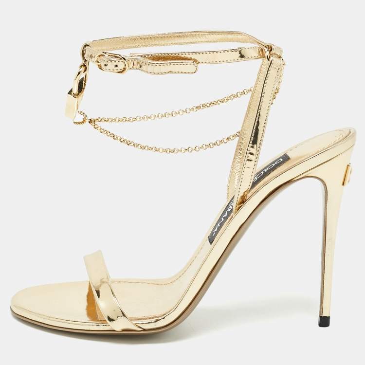 Pre Owned Dolce & Gabbana Gold Leather Luck Ankle Strap Sandals Size 37