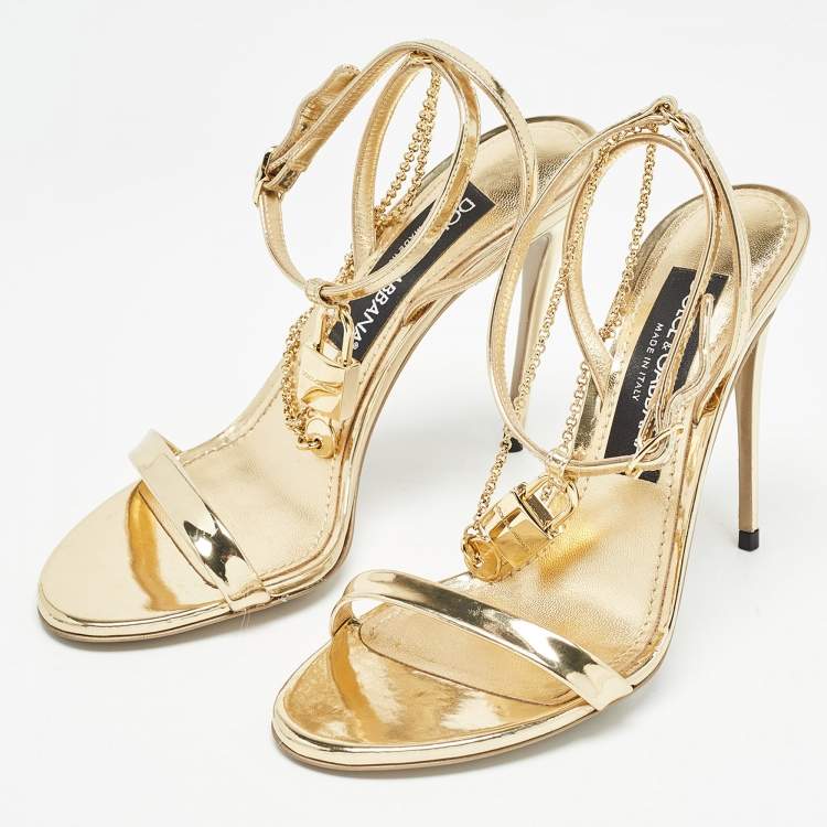 Pre Owned Dolce & Gabbana Gold Leather Luck Ankle Strap Sandals Size 37