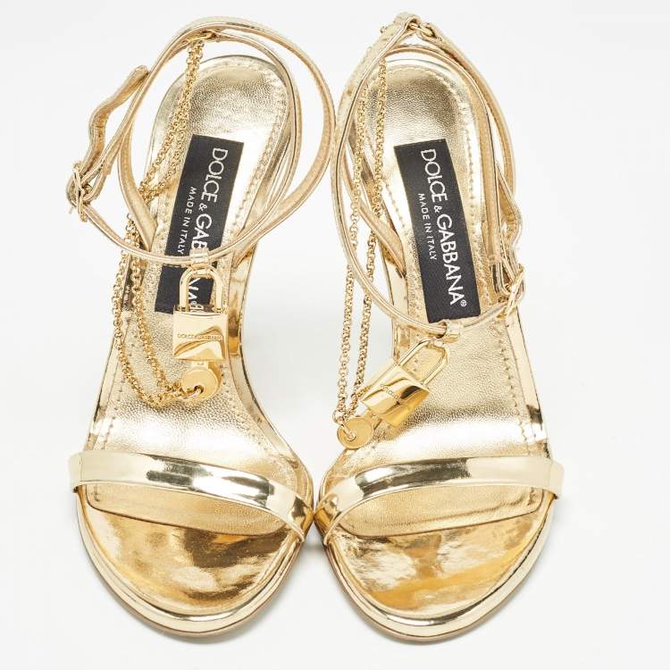 Pre Owned Dolce & Gabbana Gold Leather Luck Ankle Strap Sandals Size 37