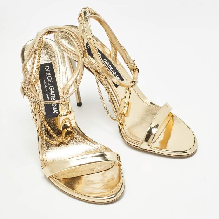 Pre Owned Dolce & Gabbana Gold Leather Luck Ankle Strap Sandals Size 37