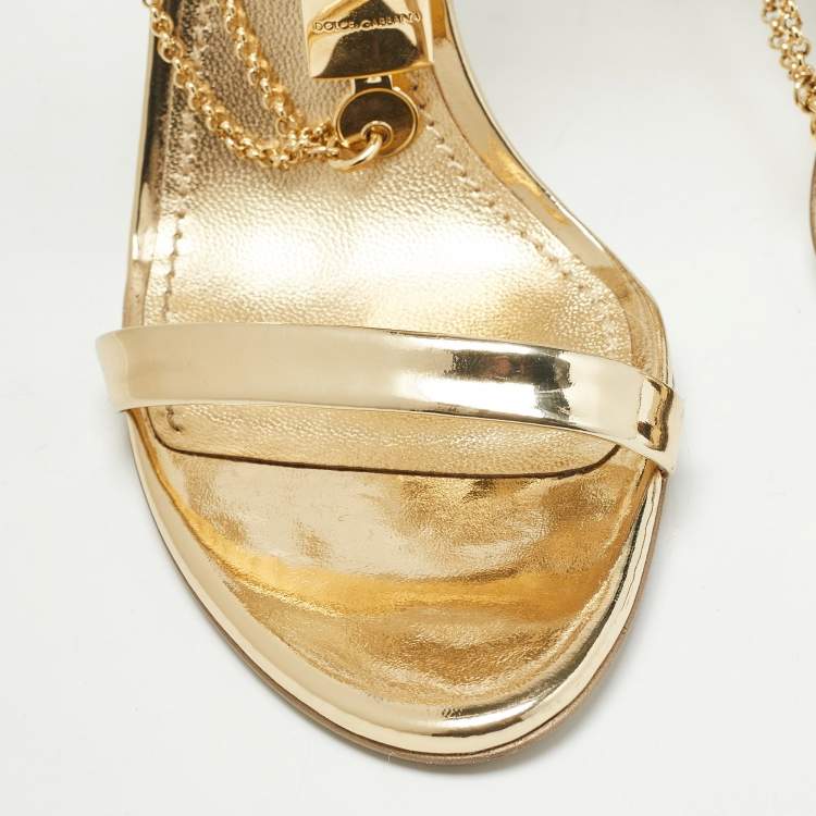 Pre Owned Dolce & Gabbana Gold Leather Luck Ankle Strap Sandals Size 37