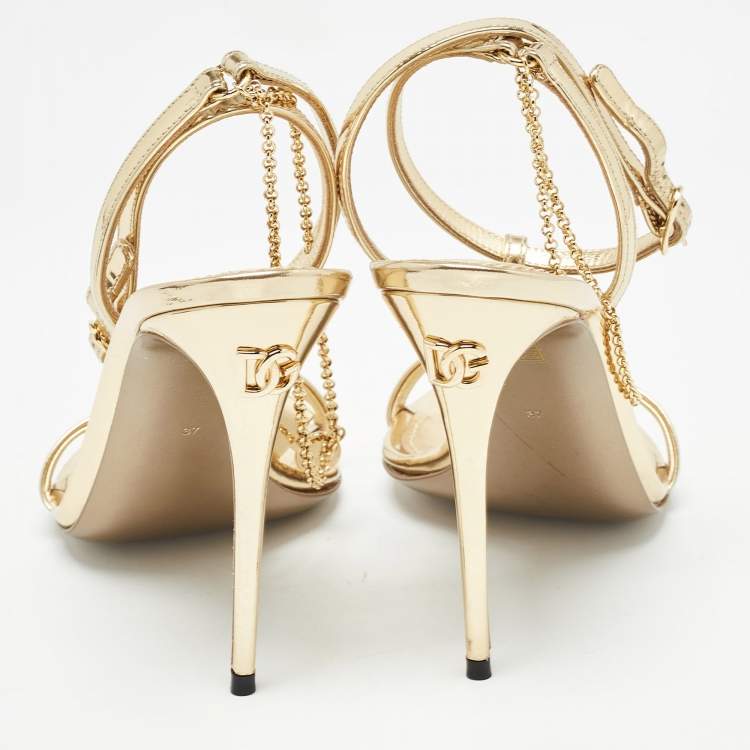 Pre Owned Dolce & Gabbana Gold Leather Luck Ankle Strap Sandals Size 37