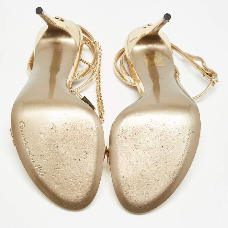 Pre Owned Dolce & Gabbana Gold Leather Luck Ankle Strap Sandals Size 37