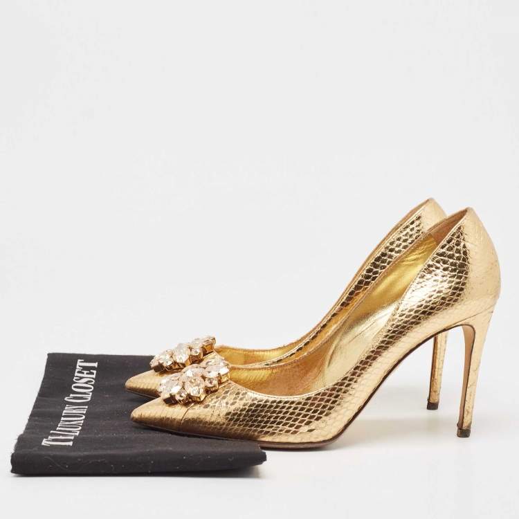 Pre Owned Dolce & Gabbana Gold Embossed Snakeskin Bellucci Pumps Size 38