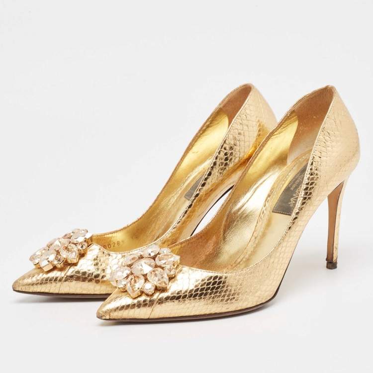 Pre Owned Dolce & Gabbana Gold Embossed Snakeskin Bellucci Pumps Size 38