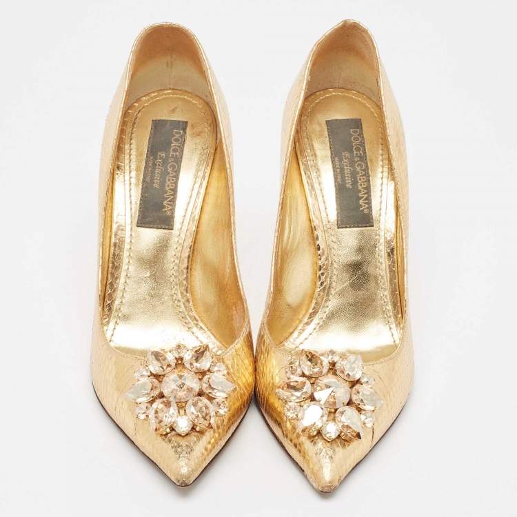 Pre Owned Dolce & Gabbana Gold Embossed Snakeskin Bellucci Pumps Size 38