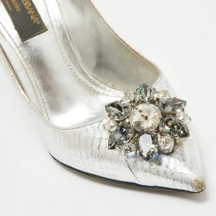 Pre Owned Dolce & Gabbana Silver Embossed Snakeskin Bellucci Pumps Size 39