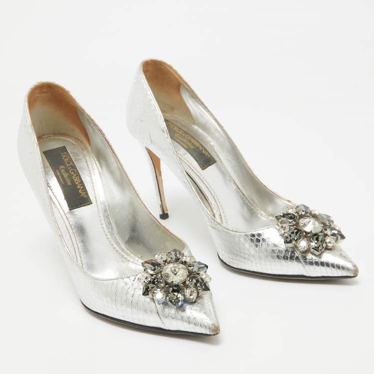 Pre Owned Dolce & Gabbana Silver Embossed Snakeskin Bellucci Pumps Size 39