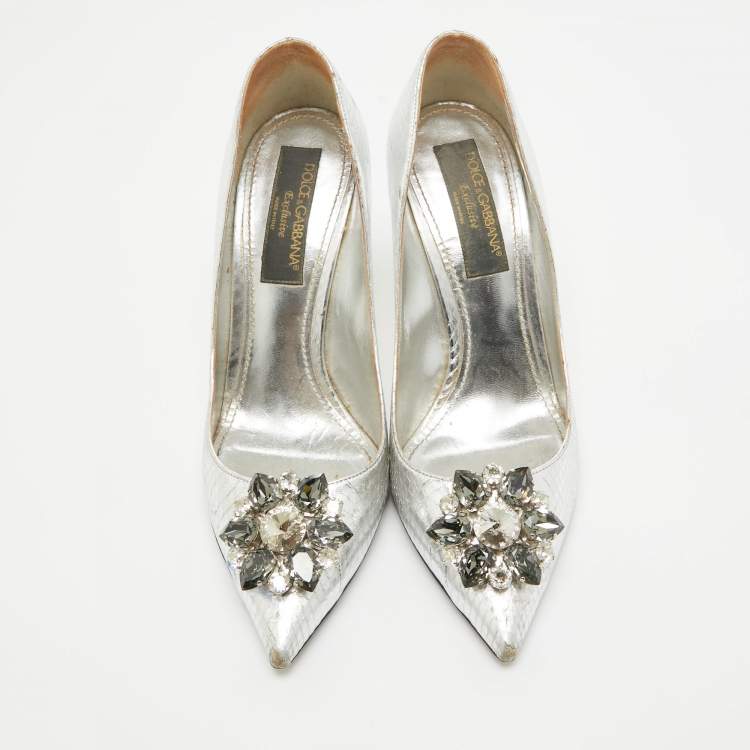 Pre Owned Dolce & Gabbana Silver Embossed Snakeskin Bellucci Pumps Size 39