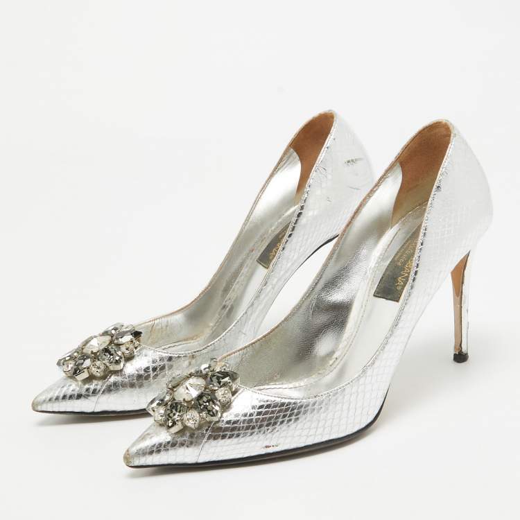 Pre Owned Dolce & Gabbana Silver Embossed Snakeskin Bellucci Pumps Size 39