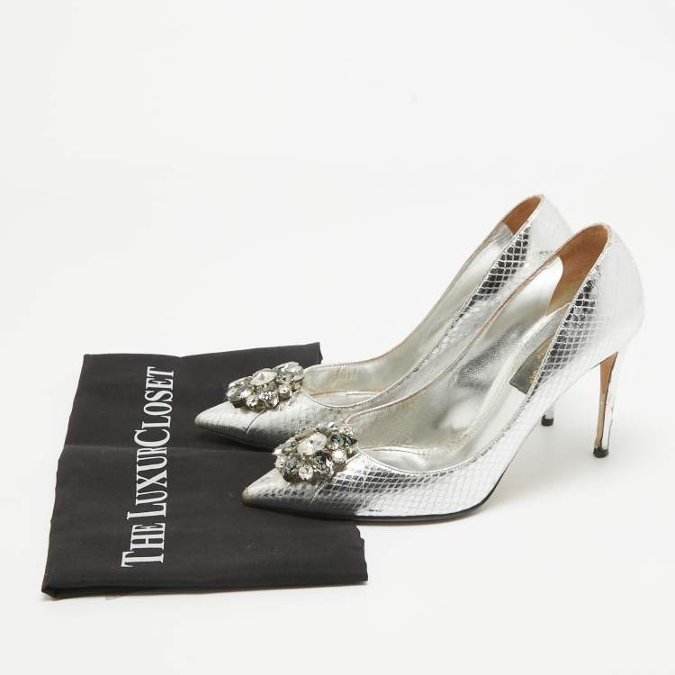 Pre Owned Dolce & Gabbana Silver Embossed Snakeskin Bellucci Pumps Size 39