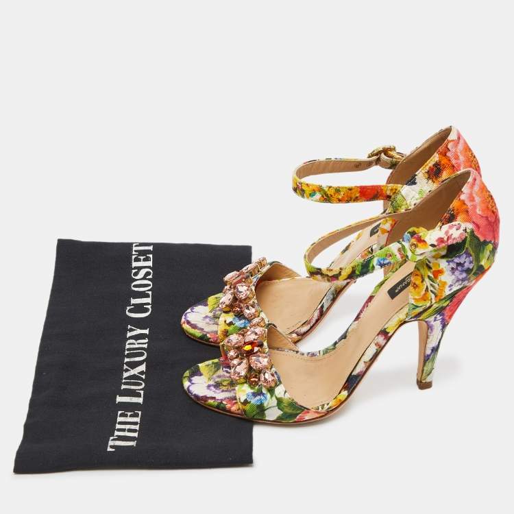 Pre Owned Dolce & Gabbana Multicolor Brocade Fabric Crystal Embellished Ankle Strap Sandals Size 38