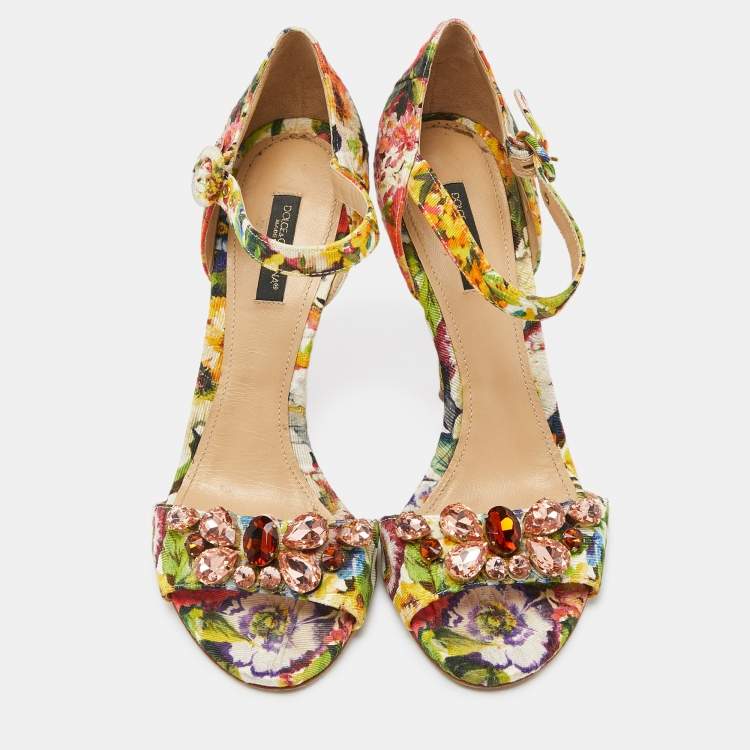 Pre Owned Dolce & Gabbana Multicolor Brocade Fabric Crystal Embellished Ankle Strap Sandals Size 38