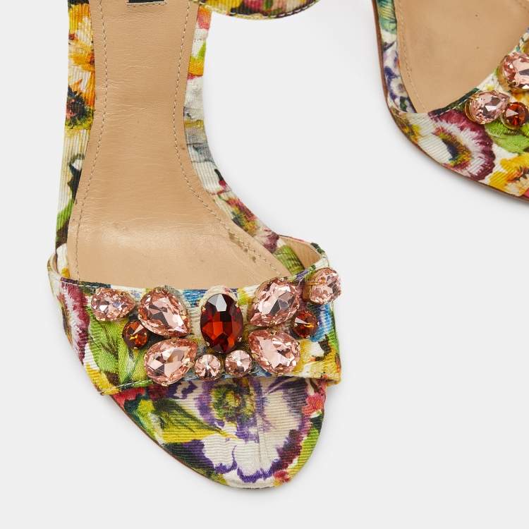 Pre Owned Dolce & Gabbana Multicolor Brocade Fabric Crystal Embellished Ankle Strap Sandals Size 38