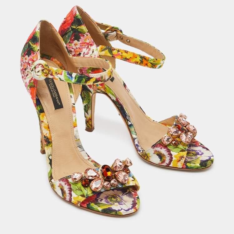Pre Owned Dolce & Gabbana Multicolor Brocade Fabric Crystal Embellished Ankle Strap Sandals Size 38