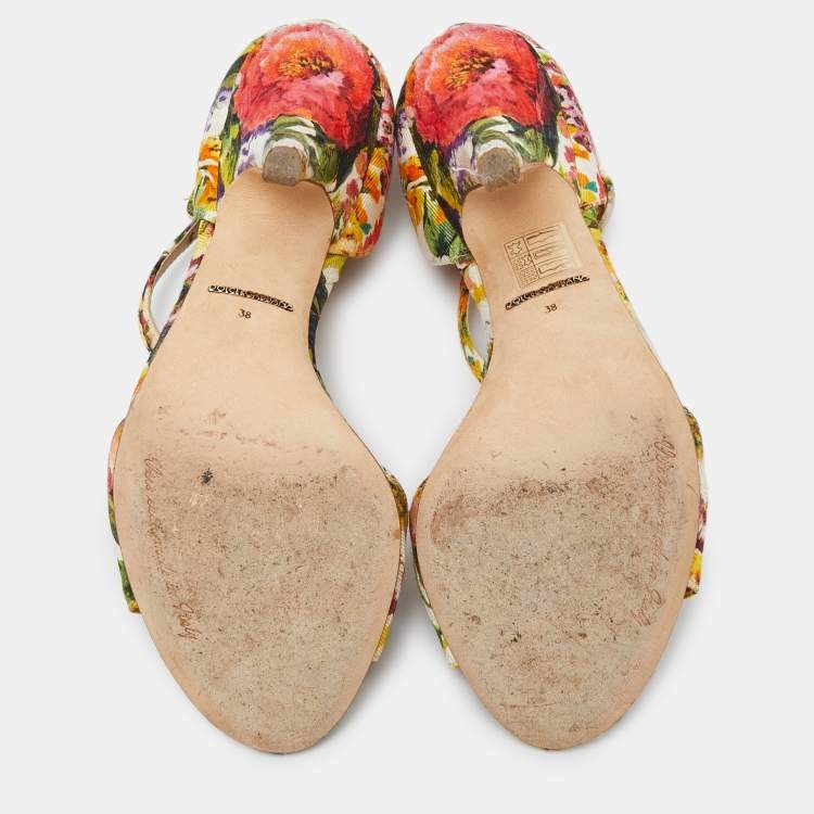 Pre Owned Dolce & Gabbana Multicolor Brocade Fabric Crystal Embellished Ankle Strap Sandals Size 38