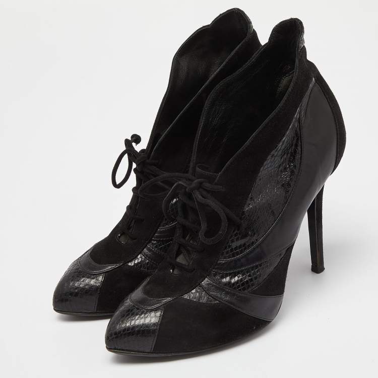 Pre Owned Dolce & Gabbana Black Suede and Python Lace Up Ankle Boots Size 38