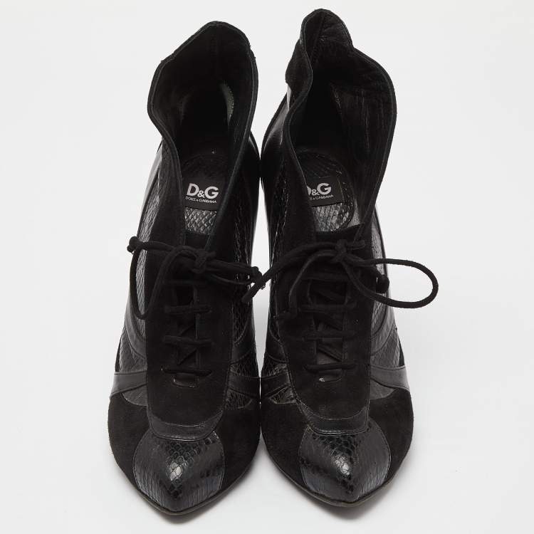 Pre Owned Dolce & Gabbana Black Suede and Python Lace Up Ankle Boots Size 38