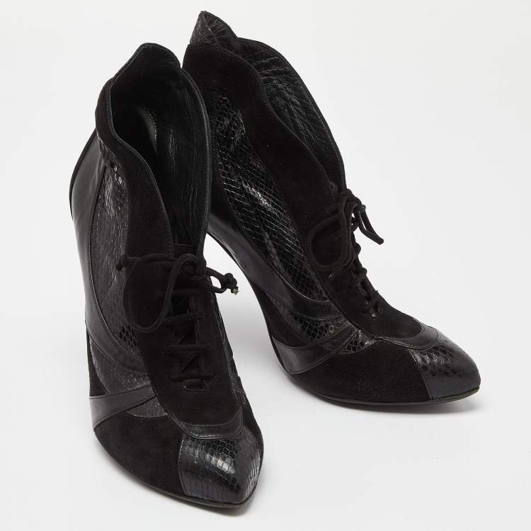 Pre Owned Dolce & Gabbana Black Suede and Python Lace Up Ankle Boots Size 38