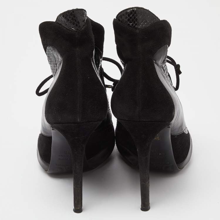 Pre Owned Dolce & Gabbana Black Suede and Python Lace Up Ankle Boots Size 38